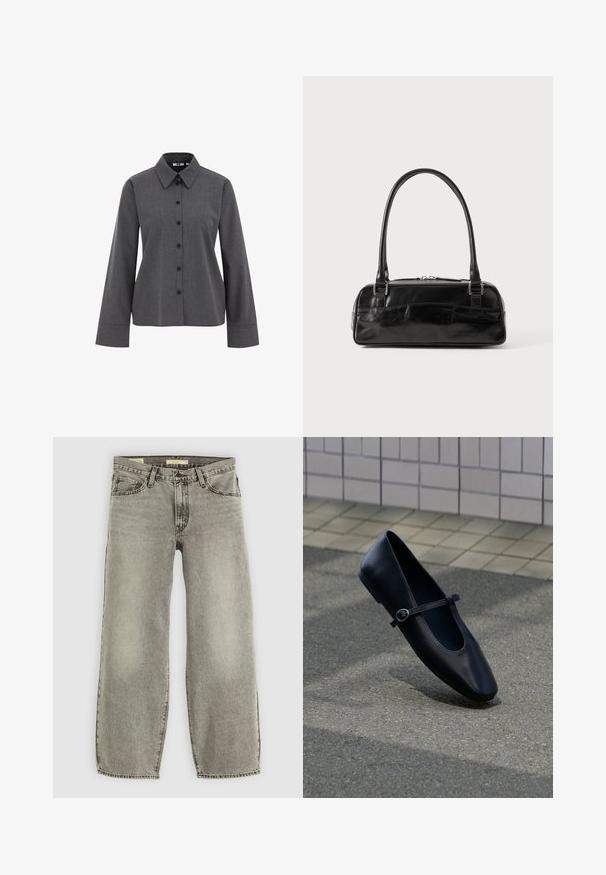 WE Fashion Blusa - grey; Jeans de pernera ancha en gris claro, hechos de denim. Presentan un estilo tradicional de cinco bolsillos y un ligero desgaste en toda la tela.; Zapato plano Mary Jane de cuero negro con una pequeña correa con hebilla, colocado sobre una superficie de asfalto gris cerca de una pared alicatada.; Bolso de mano de cuero negro con forma rectangular, equipado con un asa estructurada, herrajes en plata y cierre de cremallera. Textura suave.