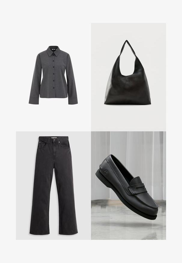WE Fashion Blúzka so zapínaním na gombíky - grey; Čierne džínsy so širokými nohavicami a vysoko posadeným pásom, s piatimi vreckami a kovovým zapínaním. Tkanina má hladký, jemne vyblednutý povrch.; Čierny kožený mokasín so šitými detailmi a logom na boku, ktorý sa vznáša nad mramorovou podlahou na pozadí svetlého závesu.; Čierna hladká kožená kabelka na rameno s širokým, jediným remienkom a ležérnym, minimalistickým dizajnom na jednoduchom pozadí.