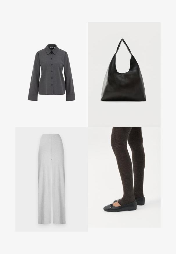 WE Fashion Skjortebluser - grey; Lysegrå ribbede bukser med bredt ben og høj talje samt en frontsplit. Fremstillet af blødt stof med en glat tekstur.; Ben iført mørke ribbede leggings kombineret med sorte balletsko med små sløjfedetaljer på hvid baggrund.; Sort skuldertaske i glat læder med en bred, enkelt strop og et afslappet, minimalistisk design mod en ensfarvet baggrund.