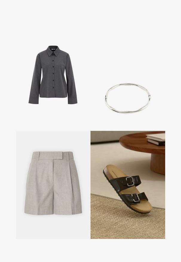 WE Fashion Overhemdblouse - grey; Lichtgrijze shorts met een gestructureerde tailleband, plissé en een ontspannen pasvorm met een zachte linnen textuur. Eenvoudig en veelzijdig ontwerp.; Zwarte sandaal met twee banden en zilveren gespen, kurken voetbed en rubberen zool. Matte afwerking op de banden, weergegeven op een gestructureerd, geweven oppervlak.; Zilverkleurige, licht onregelmatige ronde armband met een glad, gepolijst oppervlak en een verborgen sluiting.