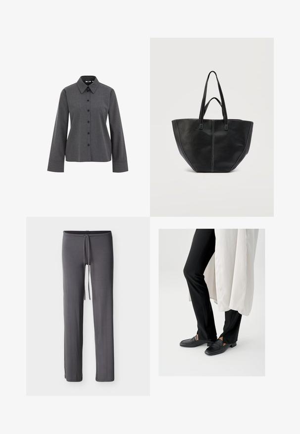 WE Fashion Chemisier - grey; Pantalon droit gris foncé avec taille élastique et cordon de serrage, présenté sur un fond blanc uni.; Mocassins en cuir noir avec un bout carré et un petit talon carré, associés à un pantalon noir ajusté et une couche extérieure blanche fluide.; Sac fourre-tout en cuir noir avec deux poignées et des coutures blanches contrastantes, présentant une forme large et structurée avec des détails de coutures centrales.