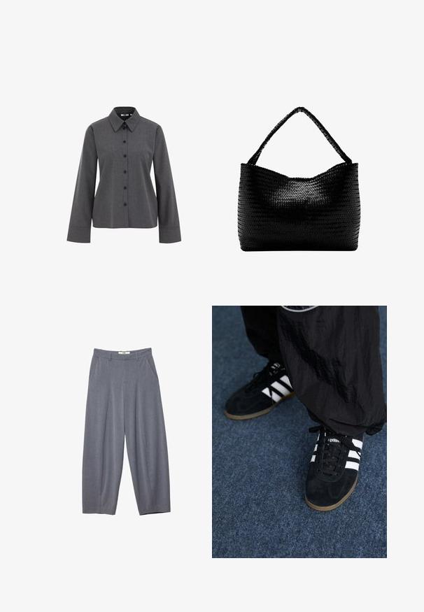 WE Fashion Hemdbluse - grey; Stradivarius SMART BAGGY WITH SEAM DETAIL - Stoffhose - grey; Schwarze Wildleder-Sportschuhe mit drei weißen Streifen und schwarzen Schnürsenkeln. Eine strukturierte schwarze Hose ist teilweise neben den Schuhen sichtbar.; Schwarze gewebte Handtasche mit einem geflochtenen Griff, rechteckiger Form und glänzend strukturierter Oberfläche.