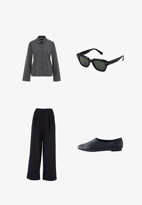 WE Fashion Hemdbluse - grey; Schwarzfarbene weit geschnittene Hose aus Stoff, mit vorderen Falten, einem Knopfverschluss und glatter Textur. Maßgeschneiderter Schnitt mit hoher Taille.; Schwarzer flacher Lederschuh mit abgerundeter Spitze, niedrigen Seiten und dünner Sohle, von der Außenseite auf weißem Hintergrund dargestellt.; Schwarze quadratische Sonnenbrillen mit dunkelgrünen Gläsern, ausgestattet mit markanten Rahmen und silbernen Akzenten an den Seiten. Hergestellt in Italien.