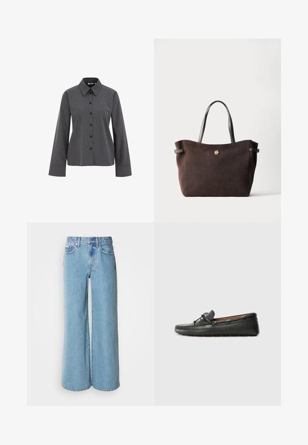 WE Fashion Overhemdblouse - grey; Lichtblauwe wijde jeans van denim, met een hoge taille, vijf pockets en subtiele vervaging langs de stof.; Zwarte leren bootshoe met een ronde neus, gestikte details, een kleine strikaccent en een rubberen zool. Soepele textuur en gestroomlijnd ontwerp.; Donkerbruine suède tote tas met zwarte handvatten en een klein gouden logo aan de voorkant, tegen een effen lichte achtergrond.