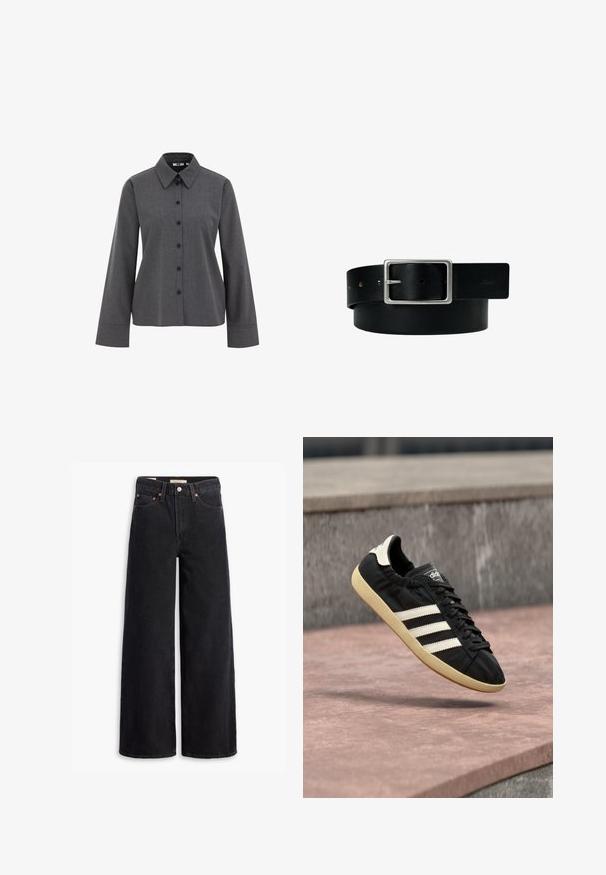 WE Fashion Skjortebluser - grey; Sorte brede benjeans lavet af denim, med fem lommer, kobbernitter og en klassisk knaplukning. Glat tekstur med et rent design.; Sort Adidas sneaker med hvide striber og beige sål, fanget i luften over en stenet overflade og baggrund af en stenmur.; Sort læderbælte med sølv rektangulært spænde og flere justeringshuller, lagt fladt på en hvid baggrund.