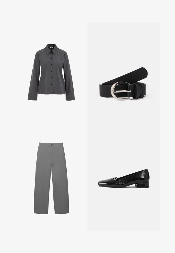 WE Fashion Blúzka so zapínaním na gombíky - grey; Svetlosivé nohavice s širokými nohavicami z hladkej, textúrovanej látky, vybavené predným zapínaním na gombíky a pútkami na opasok v páse.; Čierne lakované baleríny s špicatou špičkou, nízkym štvorcovým podpätkom a malým kovovým sponou na remienku. Hladká textura.; Čierny kožený opasok s hladkým povrchom, vybavený sponou zo strieborného kovu a jednoduchými okrúhlymi akcentmi. Dizajn je elegantný a minimalistický.