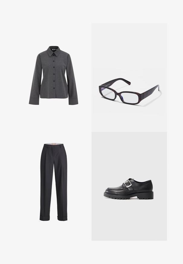 WE Fashion Blúzka so zapínaním na gombíky - grey; Tmavošedé nohavice vyrobené z textúrovanej tkaniny, s vysokým pásom, skladaním a zrolovanými nápletmi na okrajoch.; Čierne kožené topánky s okrúhlou špičkou, s bočným detailom na pracku a hrubou, robustnou podrážkou. Hladká textúra s minimom šitia.; Hnedé korytnačinové oblé okuliare s priehľadnými sklami a elegantnými ramenami, s hladkou textúrou a minimalistickým dizajnom.