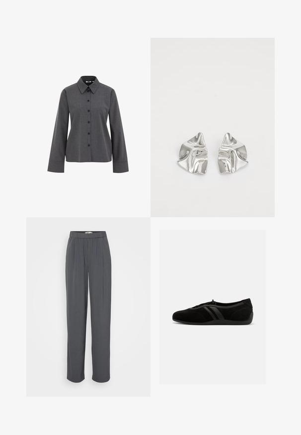 WE Fashion Blúzka so zapínaním na gombíky - grey; Sivé, plisované nohavice s širokými nohavicami a elastickým pásom, vyrobené z hladkého materiálu. Disponujú čisteným dizajnom a bez viditeľných prvkov.; Čierna semišová dámska obuv bez šnúrok s okrúhlou špičkou, elastickým sťahovacím šnúrkou, dvoma koženými prúžkami po stranách a plochou gumovou podrážkou.; Strieborné kovové náušnice s vlnitým, sochárskym dizajnom, s lešteným povrchom a nepravidelnými tvarmi, ktoré zvýrazňujú súčasnú estetiku.