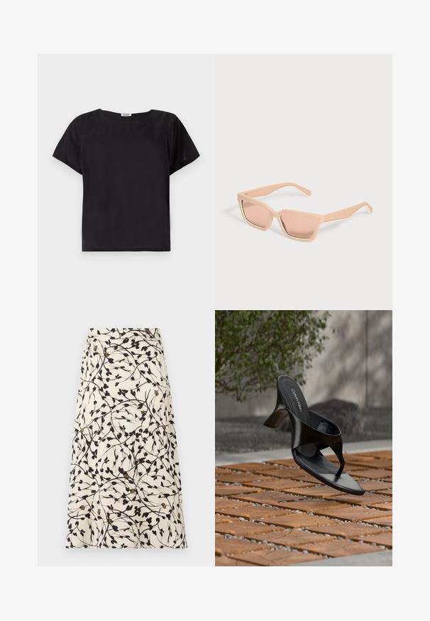Haut noir à manches courtes avec une coupe décontractée, encolure arrondie, texture lisse et design simple et minimaliste. Pas de motifs ou d'accents visibles.; Une jupe beige avec un motif floral noir et des branches fines. Le design présente de petites feuilles et des accents dorés occasionnels.; Sandale à talon noire Calvin Klein en forme de tongs flottant au-dessus d'une surface extérieure carrelée avec de la verdure et un mur en béton en arrière-plan.; Lunettes de soleil rectangulaires couleur pêche clair avec montures épaisses et verres teintés assortis sur un fond uni clair.