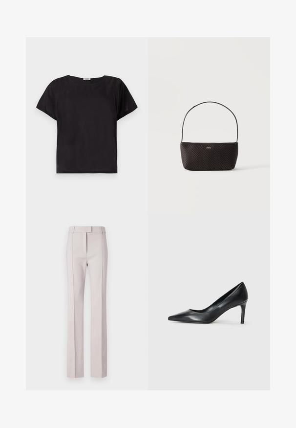 Top negro de manga corta con un corte relajado, escote redondeado, textura suave y un diseño simple y minimalista. Sin patrones ni acentos visibles.; Pantalones ajustados color rosa claro con corte recto, que cuentan con un cierre de botón, dos bolsillos frontales y pliegues prensados para mayor estructura.; Zapato de tacón negro de cuero con punta afilada y un tacón delgado, textura suave y sin adornos visibles. Diseño limpio con una estética minimalista.; Bolso tejido negro con textura, con una sola correa para el hombro y pequeño logo dorado "BOSS" en el centro delantero.