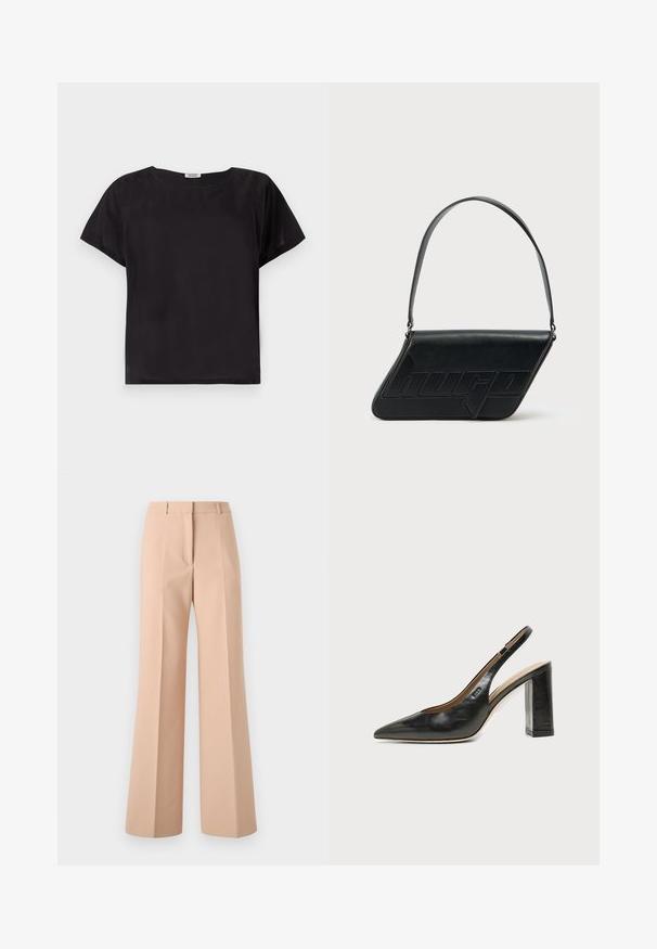 Haut noir à manches courtes avec une coupe décontractée, encolure arrondie, texture lisse et design simple et minimaliste. Pas de motifs ou d'accents visibles.; Pantalons beiges taille haute à jambe large. Fabriqués en tissu lisse, avec des plis à l'avant et une taille épurée.; Chaussure slingback en cuir noir à bout pointu avec un talon bloc haut et une doublure intérieure beige sur un fond clair uni.; Sac d'épaule en cuir noir de forme triangulaire, avec un logo embossé et une seule bandoulière réglable. Design minimaliste avec une texture lisse.