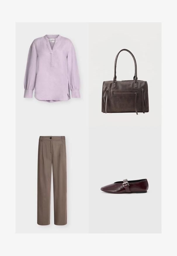 Blouse en lin lavande à manches longues avec décolleté en V, col mandarin, poignets boutonnés et ourlet légèrement arrondi avec fentes latérales.; Pantalon marron droit avec fermeture par bouton et zip, passants de ceinture et poches latérales sur fond uni.; Ballerines en cuir bordeaux avec un bout pointu, une semelle plate et une sangle décorative avec boucle sur le cou-de-pied. Texture lisse et brillante.; Sac à main en cuir marron foncé avec double poignée, poche zippée avant et deux détails zippés verticaux sur les côtés, sur fond blanc.