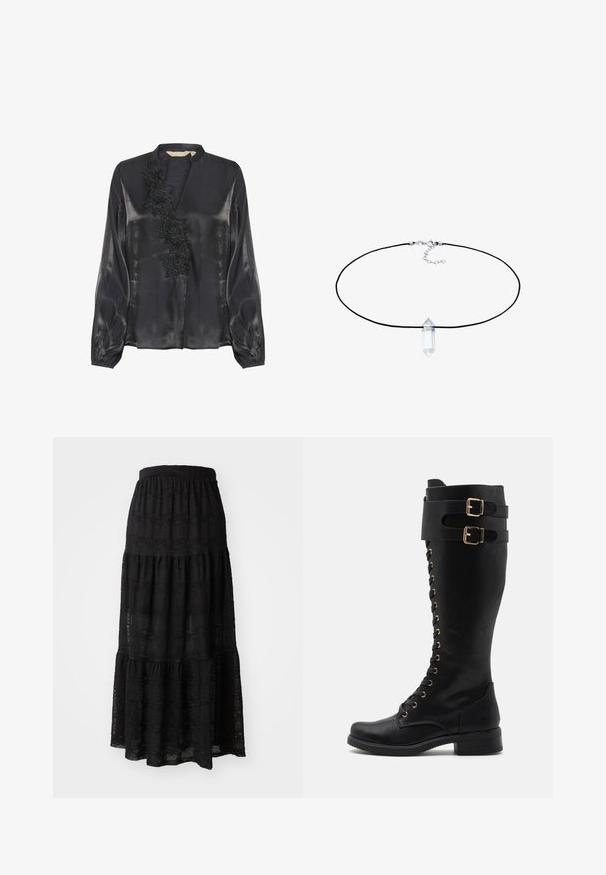 Culture CUFIOLA - Bluse - black; Sort maxiskørt lavet af tekstureret stof, med et lagdelt design, sammensnørende talje og subtile bølkemønstre gennem hele.; Knæhøje sorte læderstøvler med guldkarm accents, der har snørebånd fortil, to spænder og en blokhæl.; Sort kordhalsbånd med en klar kvarts krystalvedhæng, i spids form og glat overflade, sikret med en sølvfarvet lås.