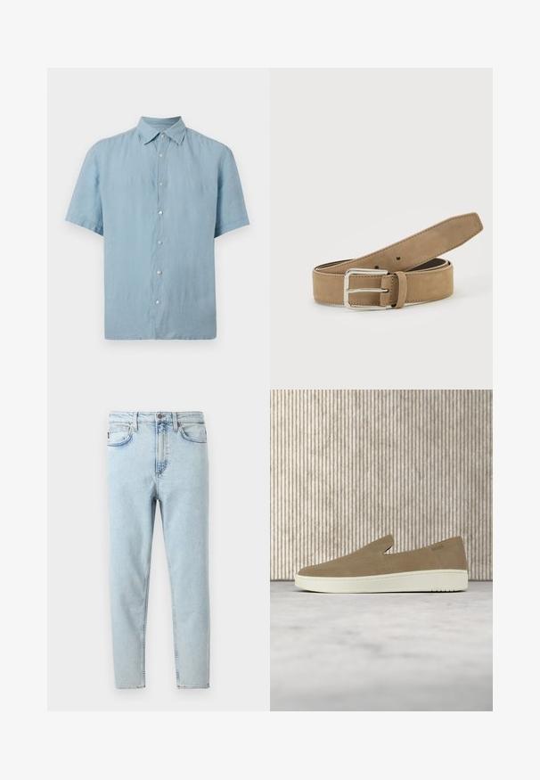 Chemise bleu clair à manches courtes avec un col classique, sept boutons blancs sur le devant, présentée sur un fond uni.; Jean slim taille haute bleu clair avec bouton sur le devant, fermeture éclair, poches avant et arrière, présenté sur fond blanc.; Chaussure beige sans lacets avec semelle blanche, présentée en suspension sur un tapis clair avec un mobilier transparent de couleur ambre en arrière-plan.; Ceinture en daim marron clair avec boucle métallique argentée, roulée et posée sur une surface blanche.