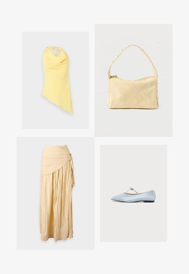 Mouwloos geel haltertopje met asymmetrische zoom en strikjes bij de hals, weergegeven op een witte achtergrond.; Lange beige rok met geplooide stof en een gedraaide knoopdetail aan de rechterkant, weergegeven tegen een effen achtergrond.; Lichtblauwe puntige ballerina met een dun strikdetail bovenop en een lage zwarte hak, getoond op een witte achtergrond.; Kleine beige leren handtas met een enkele band en zilveren studs langs de randen en band, tegen een effen achtergrond.