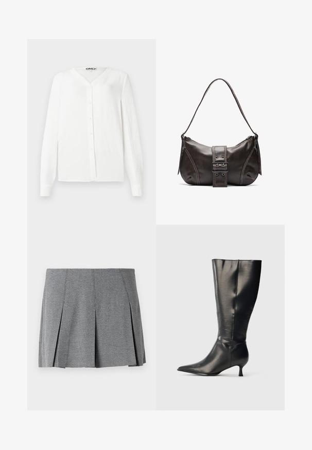 Chemise blanche à manches longues avec un col en V, fermeture boutonnée à l'avant, tissu texturé et coupe droite. Comprend six boutons et des poignets standards.; Jupe mini plissée grise en tissu texturé, avec un motif à carreaux et une coupe droite agrémentée de fentes sur les côtés.; Botte en cuir noire montant jusqu'au genou, avec un bout pointu et un petit talon bas, présentée sur un fond clair uni.; Sac à épaule en cuir marron avec une forme courbée, présentant un détail de boucle proéminent, des coutures contrastantes et une seule bandoulière.