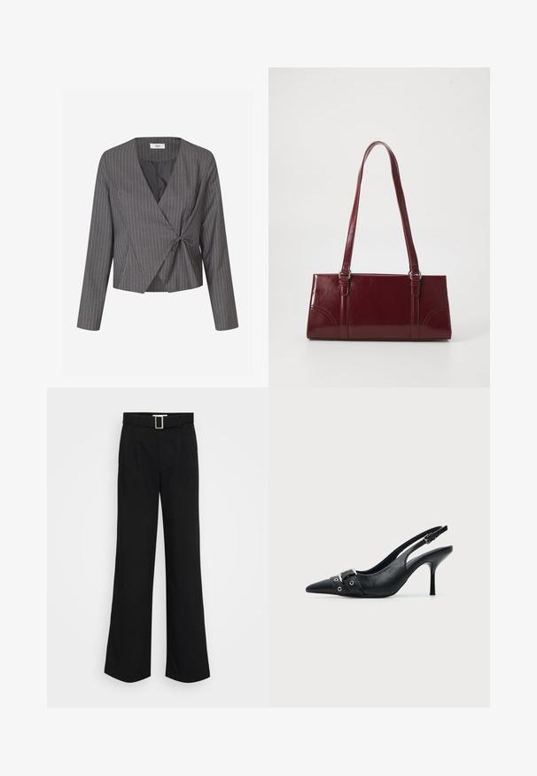 Blazer court gris à fines rayures, manches longues, croisé avec nouage sur le côté, doublure intérieure noire visible au niveau du décolleté.; Pantalons larges noirs en tissu léger, présentant une texture lisse, des plis avant et une ceinture avec une boucle en métal carrée.; Escarpin slingback à talon haut en cuir noir avec bout pointu, boucle et détail de bride œillet à l'avant.; Sac à main bordeaux en matériau brillant, de forme rectangulaire, avec deux anses et des accents légèrement courbés à l'avant.