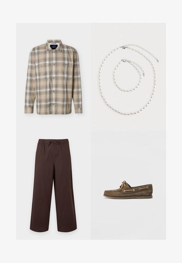 Chemise à manches longues à carreaux beige et marron, avec boutons sur le devant et deux poches poitrine, présentée sur un fond blanc.; Pantalon marron à jambes larges avec taille élastique et lien de serrage à l'avant, fabriqué en tissu lisse.; Chaussure de bateau en cuir marron avec texture en daim, design à lacets, œillets en métal et semelle en caoutchouc, présentant un profil bas et une silhouette classique.; Collier de perles et bracelet assorti avec fermoirs en chaîne argentée disposés sur un fond blanc.