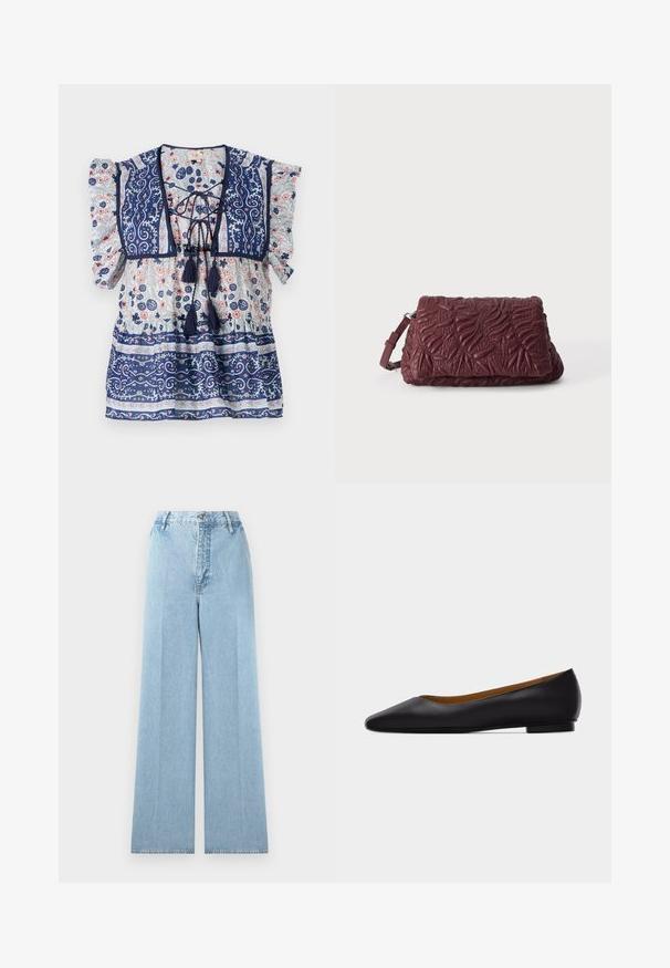 Marineblå blomstret bluse med puffærmer, snørefront, kvaster og detaljerede mønstre i lysblå og fersken, lavet af letvægtsstof.; Lyseblå bredbenede jeans lavet af denim med høj talje, som har fem bæltestropper, en frontknaplukning og stikninger.; Sort læder flad sko med spids tå, lav hæl og glat finish, vist fra siden på en lysegrå baggrund.; Mørkerød textured læder clutch taske med præget blad mønstre og en justerbar håndledsrem på en ensfarvet lys baggrund.