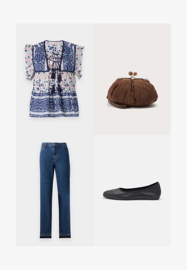 Marinebluse mit Blumenmuster, Puffärmeln, Schnürung, Quasten und aufwendigen Mustern in Hellblau und Pfirsich, aus leichtem Stoff.; Blaue Jeans aus Denim mit geradem Bein, fünf Taschen und einem Knopfverschluss. Mit kontrastierenden Nähten und einem leichten Verblassen.; Schwarze Leder-Ballettschuhe mit abgerundeter Spitze, glatter Textur, minimalen Nähdetails und einem flexiblen Sohlen-Design.; Weiche braune Wildleder-Handgelenktasche mit silbernem Metallrahmen und runden braunen Verschlusskugeln auf schlichtem hellem Hintergrund.