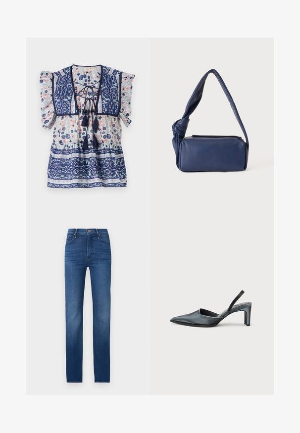 Marineblå blomstret bluse med puffærmer, snørefront, kvaster og detaljerede mønstre i lysblå og fersken, lavet af letvægtsstof.; Mørkeblå skinny jeans med fem lommer og knaplukning, vist mod en ensartet lys baggrund.; Sort slingback-hæl med spids tå, slank satinfinish og en slank hæl på 3 tommer. Åben sidedesign med minimal syningsdetalje.; Mørkeblå rektangulær læder skuldertaske med en blød, knyttet rem og lynlåslukning øverst, vist mod en ensfarvet baggrund.