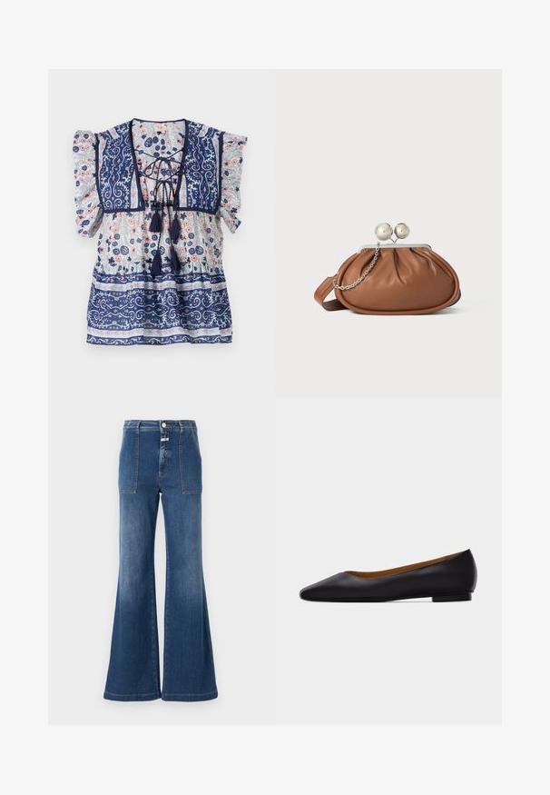 Marineblå blomstret bluse med puffærmer, snørefront, kvaster og detaljerede mønstre i lysblå og fersken, lavet af letvægtsstof.; Høj talje flared jeans i mellemblå denim med en falmet finish. Har lomme med klap og knaplukning. Renset kant.; Sort læder flad sko med spids tå, lav hæl og glat finish, vist fra siden på en lysegrå baggrund.; Brun læder clutch-pung med sølv kugleklap og en lille sølv kædedetalje på en hvid baggrund.
