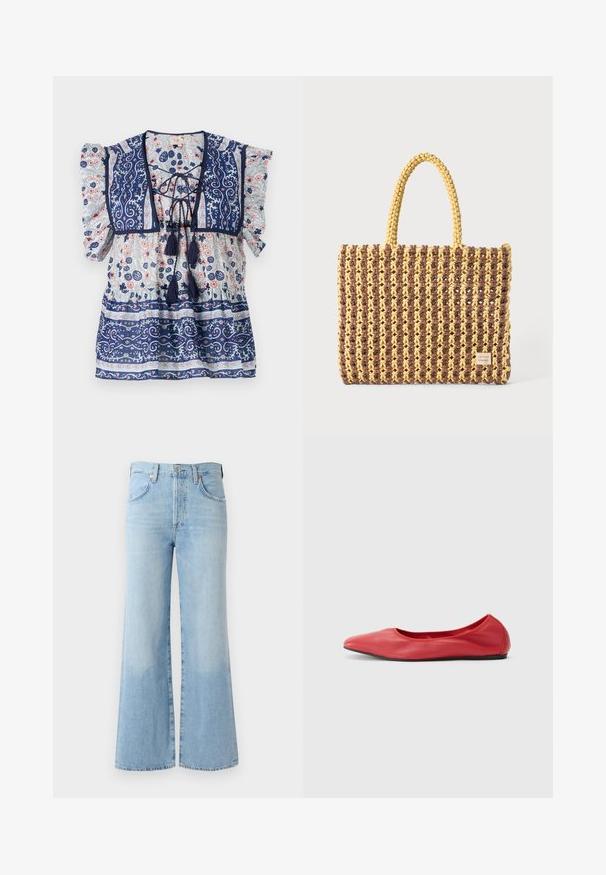 Marinebluse mit Blumenmuster, Puffärmeln, Schnürung, Quasten und aufwendigen Mustern in Hellblau und Pfirsich, aus leichtem Stoff.; Hellblaue Jeans mit ausgestelltem Bein und hoher Taille, fünf Taschen und dezentem Verblassen am Saum. Mit normalem Bund und Knopfverschluss.; Filippa K REY FLATS - Klassischer Ballerina - bright red; Gewebte Tasche in Braun und Gelb, mit rechteckiger Form, zwei Tragriemen und einer strukturierten Oberfläche mit sichtbaren Nähten und einem Markenschild.