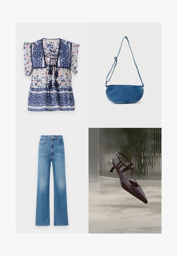 Marineblå blomstret bluse med puffærmer, snørefront, kvaster og detaljerede mønstre i lysblå og fersken, lavet af letvægtsstof.; Lysblå, brede jeans lavet af denim med høj talje. Har en knap- og lynlåslukning samt subtile udtoninger i stoffet.; Mørkebrune læder slingback-sko med spids tå, tynde stropper og lille buet kittenhæl, vist mod en abstrakt baggrund.; Blå denim crossbody taske med justerbar rem og lille metallisk logo foran, vist mod hvid baggrund.