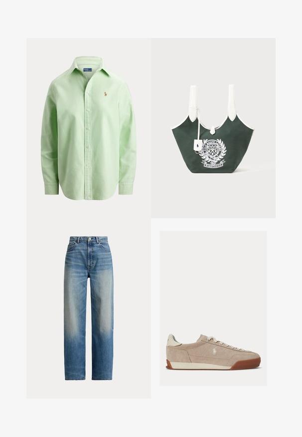 Lysegrøn skjorte med knapper og lange ærmer, med krave og lille broderet logo på venstre bryst.; Blå jeans med høj talje og lige ben, der er falmet foran og har klassisk fem-lomme design, knaplukning og lynlås.; Beige ruskind lavtop sneaker med hvide snørebånd, hvidt logo på siden og brun gummisål.; Mørkegrøn tote-taske med hvide hanke, med et hvidt Polo Ralph Lauren Wimbledon våbenskjold og en lille hængende mærkat.