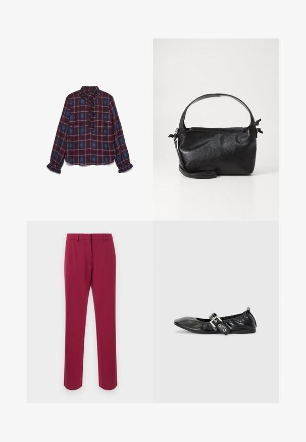 Blouse à manches longues en flanelle bordeaux et bleue à carreaux, avec col à volants, patte de boutonnage à l'avant et poignets à volants.; Pantalon bordeaux en tissu lisse avec une coupe droite, équipé d'une ceinture, de passants pour ceinture et de poches latérales. Aucun détail décoratif.; Chaussure plate en cuir noir avec un nez pointu, des détails froncés autour de l'ouverture et un accent en boucle argentée sur la bride ajustable.; Sac à main en cuir noir au design structuré, avec une poignée arrondie et une bandoulière amovible. Présente une texture lisse et un éclat subtil.
