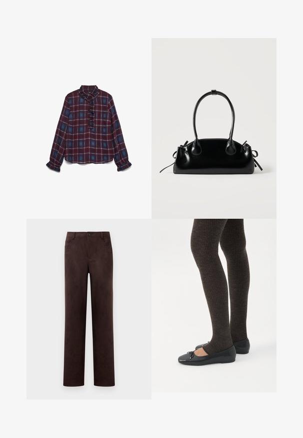 Blouse à manches longues en flanelle bordeaux et bleue à carreaux, avec col à volants, patte de boutonnage à l'avant et poignets à volants.; Pantalons en suède marron foncé à jambes droites avec fermeture à bouton et zip à l'avant, passants de ceinture et poches latérales.; Jambes portant des leggings côtelés foncés associés à des ballerines noires avec de petits détails en nœud sur fond blanc.; Petit sac à main noir brillant avec deux longues anses et des détails à cordon sur les côtés sur un fond clair uni.