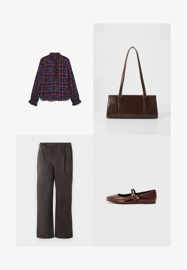 Blouse à manches longues en flanelle bordeaux et bleue à carreaux, avec col à volants, patte de boutonnage à l'avant et poignets à volants.; Pantalon en velours côtelé de couleur marron foncé, avec une coupe droite, des plis à l'avant et des poches latérales. La texture est côtelée et douce.; Ballerine en cuir verni marron avec un bout carré et une lanière ornée d'une petite boucle dorée. Texture lisse, talon bas et design minimaliste.; Sac à main en cuir verni marron de forme rectangulaire, avec deux longues poignées et des accents courbés subtils à l'avant.