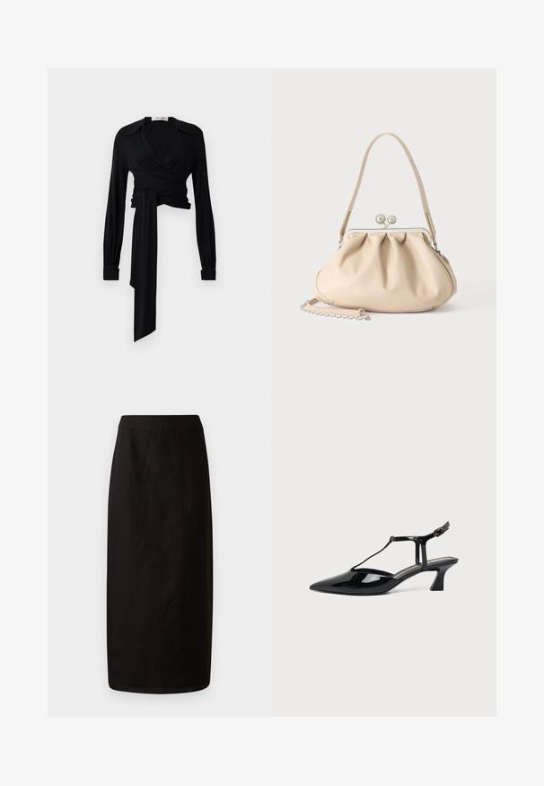 Blusa negra de manga larga, con cuello abierto y detalle de lazo en la cintura. Fabricada con una tela suave de textura ligera.; Falda midi negra hecha de un tejido ligero. Presenta una silueta recta, una textura suave y una cinturilla simple sin adornos.; Zapato slingback de cuero charol negro con punta fina, tira en T y tacón bajo en bloque inclinado sobre fondo blanco.; Bolso de mano de cuero suave beige con cierre de marco metálico plateado, una correa para el hombro y una correa de cadena opcional sobre un fondo blanco.