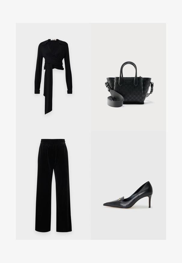 Blusa negra de manga larga, con cuello abierto y detalle de lazo en la cintura. Fabricada con una tela suave de textura ligera.; Pantalones de terciopelo negro con cinturilla elástica y piernas anchas y rectas, mostrados sobre un fondo claro y liso.; Zapato de piel negra con punta afilada, escote bajo y un detalle decorativo dorado. Cuenta con un tacón de aguja y textura suave.; Bolso de cuero negro con patrón, con dos asas superiores y una correa de hombro ajustable sobre un fondo blanco.
