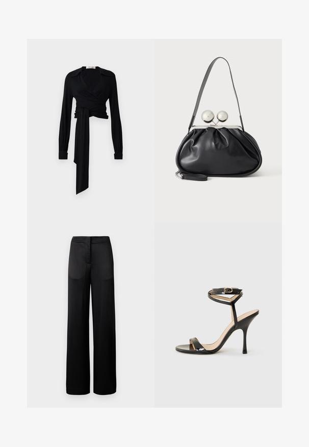 Blusa negra de manga larga, con cuello abierto y detalle de lazo en la cintura. Fabricada con una tela suave de textura ligera.; Pantalones negros de pierna ancha con una superficie texturada, que cuentan con una cintura plana y dos bolsillos laterales. La tela parece ligera y fluida.; Sandalia de tacón alto de charol negro con tira delgada en el tobillo y hebilla, punta abierta y tacón aguja esbelto sobre fondo blanco.; Bolso de mano de cuero negro con diseño fruncido, una sola correa, marco metálico plateado y dos cierres grandes redondos de plata.