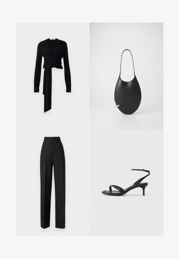 Blusa negra de manga larga, con cuello abierto y detalle de lazo en la cintura. Fabricada con una tela suave de textura ligera.; Pantalones negros de talle alto con pliegues, que presentan un diseño a medida y piernas rectas. Confeccionados con un tejido suave, con un detalle mínimo.; Sandalia negra de cuero para mujer con tiras finas, un lazo para el dedo del pie, hebilla en el tobillo y tacón de aguja de altura media sobre un fondo neutro.; Bolso de mano de piel negra con forma de lágrima alargada, que cuenta con una correa delgada y un detalle en hardware dorado. Textura suave.