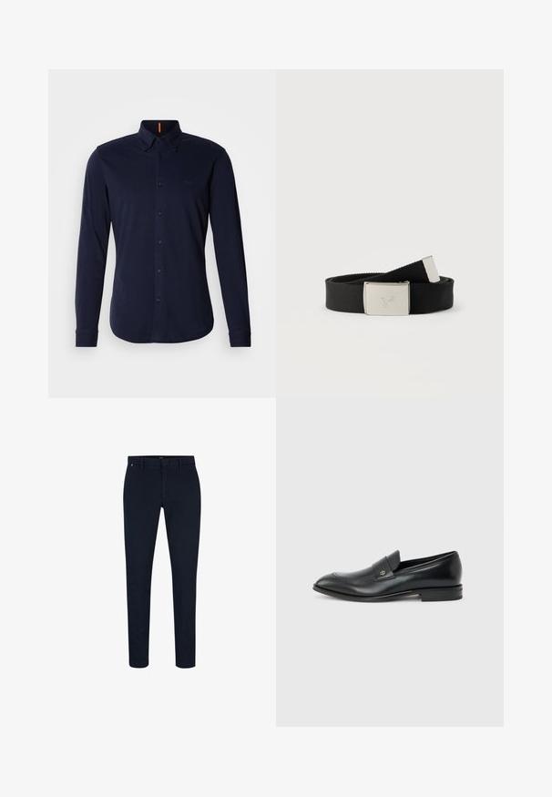 Mørkeblå langærmet skjorte med knapper i bomuld, med klassisk krave, diskret logo på brystet og knappede manchetter.; Mørkeblå bomuldsbukser med slim fit, der har flad front, bæltestropper og lynlås. Glat tekstur og ingen synlige mønstre.; Sort læder herre loafer med lav hæl, rund tå og lille metallisk logo på remmen, vist i sideprofil på ensfarvet baggrund.; Sort stofbælte med en sølvfarvet metalspænde graveret med en kolibri, lagt sammenrullet på en hvid baggrund.
