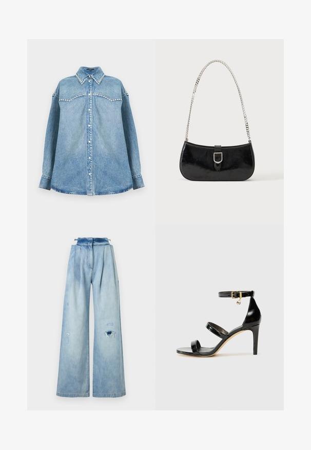 Chemise en denim bleu clair à manches longues avec col et empiècement ornés de perles, boutonnage devant et ourlet droit sur fond blanc.; Jean bleu clair taille haute à jambes larges avec devant plissé et trous usés sur la cuisse droite et la jambe gauche.; Sandale en cuir verni noir avec trois brides, boucle de cheville et talon aiguille de 10 cm. Présente un détail en métal doré et un charm logo.; Sac à épaule en cuir verni noir avec détail de boucle argentée et bandoulière en chaîne argentée, présenté sur un fond uni clair.