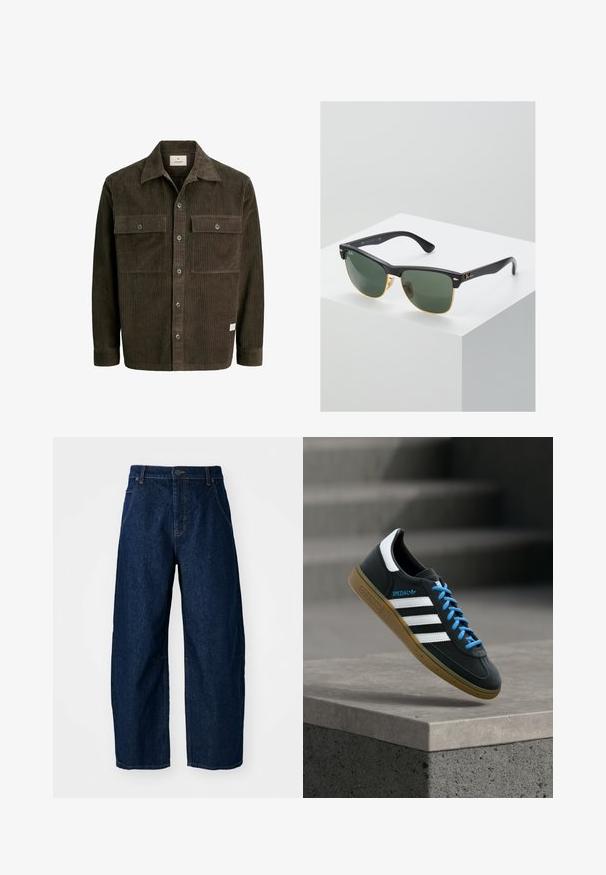 Brun kordfløjljakke med vertikal ribstruktur, knaplukning foran, to brystlommer og klassisk krave, med et diskret mærke ved kanten.; Bredde ben mørk denim jeans med høj talje, som har fem lommer, knaplukning foran og synlige syninger.; Sort Adidas sneaker med hvide striber, blå snørebånd og gummisål, der svæver over gråt betontrin i blødt lys.; Ray-Ban solbriller med grønne linser, sorte plastikstel og gyldne detaljer ved kanterne. Firkantet form med mat finish.