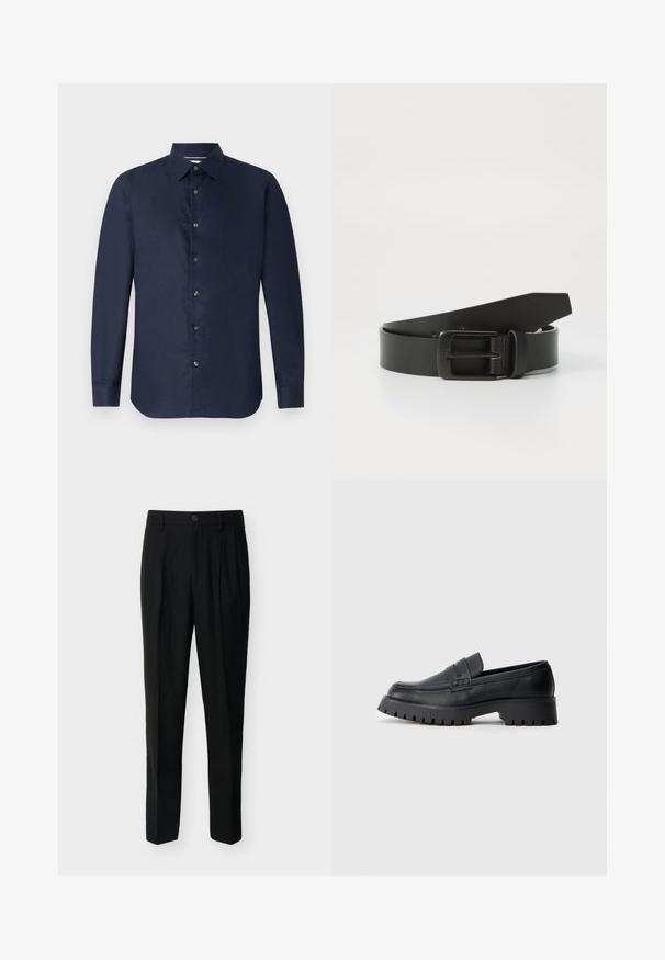 Navy lange mouwen shirt met een button-down kraag, gladde textuur en een knoopsluiting aan de voorkant; beschikt over een getailleerde pasvorm en een afgeronde zoom.; Zwarte, op maat gemaakte, high-waist broek met riemlussen, plooien aan de voorkant, zijzakken en een knoop- en ritssluiting.; Zwarte leren instappers met een ronde neus, voorzien van een decoratieve riem en een stevige rubberen zool met diepe groeven voor grip.; Zwarte leren riem met een matte zwarte metalen gesp, met een gladde textuur en eenvoudig ontwerp. Verstelbare lengte met een taps toelopend uiteinde.