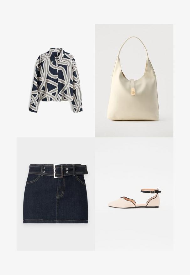 Hemd mit langen Ärmeln in Marineblau und Creme mit gemustertem Design, geknöpftem Kragen und abstrakter Liniengestaltung; aus Baumwollmischung, entspannte Passform.; Dunkelblauer Denim-Minirock mit Vordertaschen, sichtbaren Nähten und einem breiten Gürtel mit großer silberner Schnalle.; Flache Ballettschuhe in hellem Beige mit spitzem Zehenbereich, ausgestattet mit einem geschwungenen Ausschnittdesign und einem schwarzen Knöchelriemen. Glatte Textur und minimalistischer Stil.; Hobo-Tasche aus cremefarbenem Leder mit einem einzelnen Schulterriemen, glatter Textur und einem goldfarbenen Verschlussdetail an der Vorderseite.