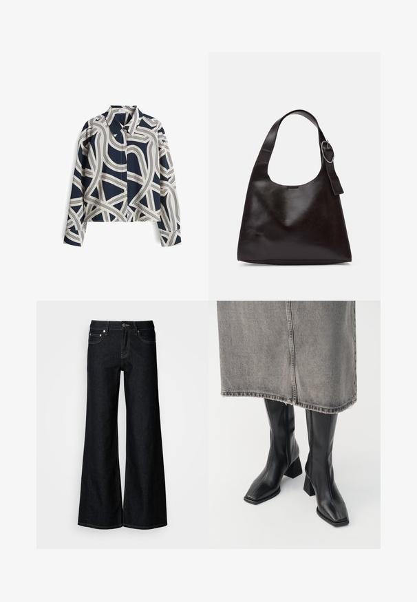 Hemd mit langen Ärmeln in Marineblau und Creme mit gemustertem Design, geknöpftem Kragen und abstrakter Liniengestaltung; aus Baumwollmischung, entspannte Passform.; Dunkelblaue Jeans mit weitem Bein, hoher Taille, fünf Taschen und kontrastierenden gelben Nähten entlang der Nähte.; Schwarze knielange Stiefel aus glattem Leder mit quadrater Zehenpartie und Blockabsatz. Getragen mit einem grauen Jeansrock mit ausgefranstem Saum.; Braune Lederumhängetasche mit glatter Textur, runder Form, breitem Tragegurt und metallischem, kreisförmigem Akzent am Griff.