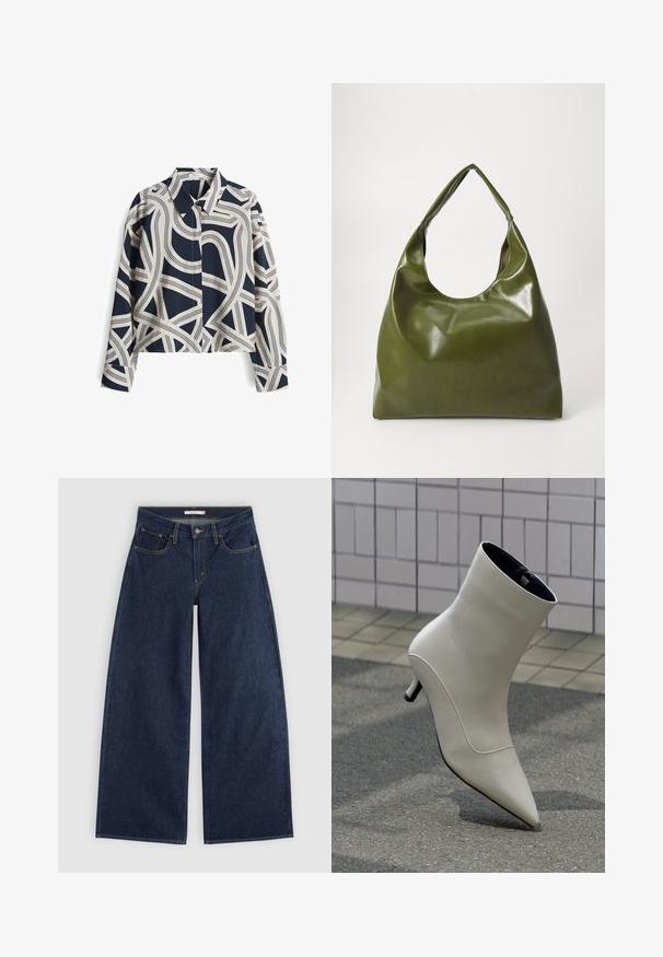 Hemd mit langen Ärmeln in Marineblau und Creme mit gemustertem Design, geknöpftem Kragen und abstrakter Liniengestaltung; aus Baumwollmischung, entspannte Passform.; Dunkelblaue Jeans mit weitem Bein, vorderen Taschen, Gürtelschlaufen und Knopfverschluss, flach auf hellem Hintergrund dargestellt.; Off-white Leder-Stiefel mit spitz zulaufender Zehe und kleinem Kittenabsatz, der auf einem Außenpflaster vor einer gefliesten Wand ruht.; Grüne Leder-Hobo-Tasche mit einem lässigen Design, gebogenem Griff und glatter Textur. Enthält keine sichtbaren Beschläge oder Akzente.