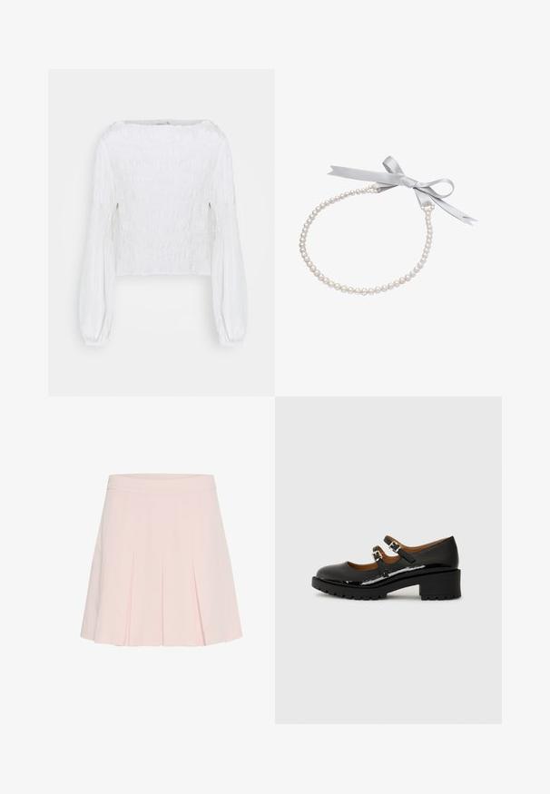 Blusa blanca de manga larga con cuerpo fruncido y mangas abullonadas recogidas en las muñecas, mostrada sobre un fondo simple.; Falda plisada de color rosa claro con cintura ajustada. Confeccionada en un tejido suave, presenta pliegues definidos y una textura suave.; Zapatos Mary Jane de charol negro con dos correas ajustables, puntera redonda y tacón de goma grueso con un patrón de firmeza texturizado.; Collar de perlas de una sola hilera con una cinta de satén blanca y lisa atada en un lazo sobre un fondo blanco.