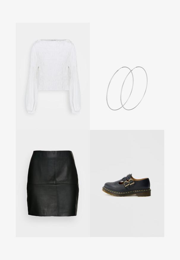 Blusa blanca de manga larga con cuerpo fruncido y mangas abullonadas recogidas en las muñecas, mostrada sobre un fondo simple.; Mini falda de cuero negra con una textura suave, silueta ajustada y un detalle de costura en la cintura. Sin cierres visibles.; Zapato de cuero negro con dos correas de hebilla, detalles perforados, puntera redondeada y un acento de costura amarilla alrededor de la suela.; Pendientes de aro plateados con un diseño minimalista. Forma circular, textura suave y perfil delgado. Livianos con un acabado pulido.
