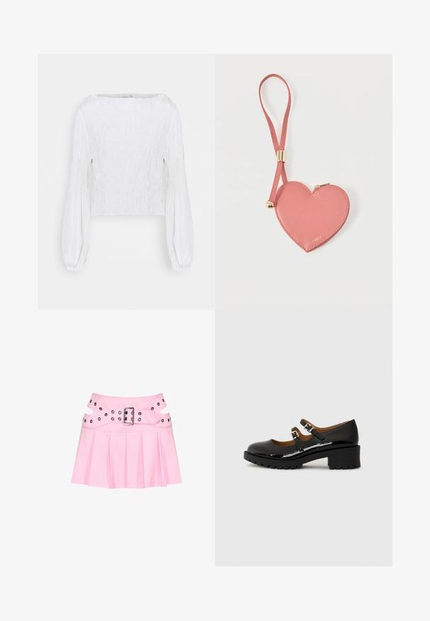 Blusa blanca de manga larga con cuerpo fruncido y mangas abullonadas recogidas en las muñecas, mostrada sobre un fondo simple.; Minifalda plisada rosa con cinturilla ancha de doble capa, hebilla plateada y múltiples ojales para sujeción y decoración.; Zapatos Mary Jane de charol negro con dos correas ajustables, puntera redonda y tacón de goma grueso con un patrón de firmeza texturizado.; Monedero de cuero rosa en forma de corazón con correa para la muñeca y cremallera dorada, con la marca "Furla" en pequeño texto dorado.