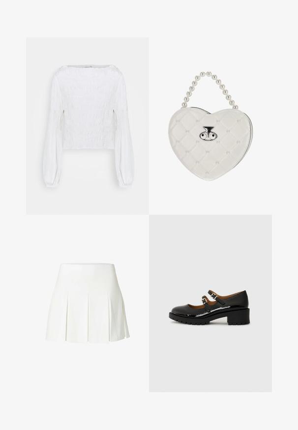 Witte blouse met lange mouwen, een geplooid lijfje en pofmouwen die bij de polsen zijn samengepakt, afgebeeld op een effen achtergrond.; Witte geplooide minirok met hoge taille, gemaakt van een gestructureerde stof.; Zwart gepatineerd leren Mary Jane-schoenen met twee verstelbare bandjes, ronde neus en een dikke rubberen hak met een gestructureerd loopvlak.; Witte, gewatteerde handtas in hartvorm met parelhandgreep en zilveren sluiting met twee oogvormige details.