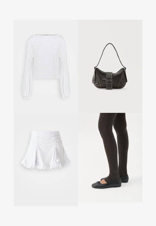 Blusa blanca de manga larga con cuerpo fruncido y mangas abullonadas recogidas en las muñecas, mostrada sobre un fondo simple.; Falda blanca de tela texturizada con detalles fruncidos y dobladillo con volantes. Presenta un diseño acampanado con una cintura ajustada.; Piernas con leggings oscuros acanalados combinados con bailarinas negras que presentan pequeños detalles de lazo sobre un fondo blanco.; Bolso de hombro de cuero negro con detalle de correa con hebilla, bordes curvos y costuras blancas en contraste sobre un fondo liso.