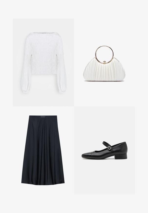 Blouse blanche à manches longues avec corsage smocké et manches bouffantes rassemblées aux poignets, présentée sur un fond uni.; Jupe noire, arrivant aux genoux, en tissu léger avec un design fluide. Présente une texture lisse et de subtils plis pour un détail supplémentaire.; Chaussures Mary Jane en cuir noir avec un embout en vernis, une sangle cheville réglable et un petit talon carré. Texture lisse et design élégant.; Sac à main plissé blanc avec une poignée circulaire en or, doté d'un tissu doux et d'une forme arrondie. Design élégant avec une finition texturée.
