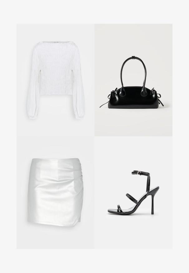 Blouse blanche à manches longues avec corsage smocké et manches bouffantes rassemblées aux poignets, présentée sur un fond uni.; Even&Odd by Zalando Short - silver; Sandales à talons hauts en cuir verni noir avec trois sangles horizontales et une sangle de cheville ajustable. Silhouette élégante et finition brillante.; Petit sac à main noir brillant avec deux longues anses et des détails à cordon sur les côtés sur un fond clair uni.